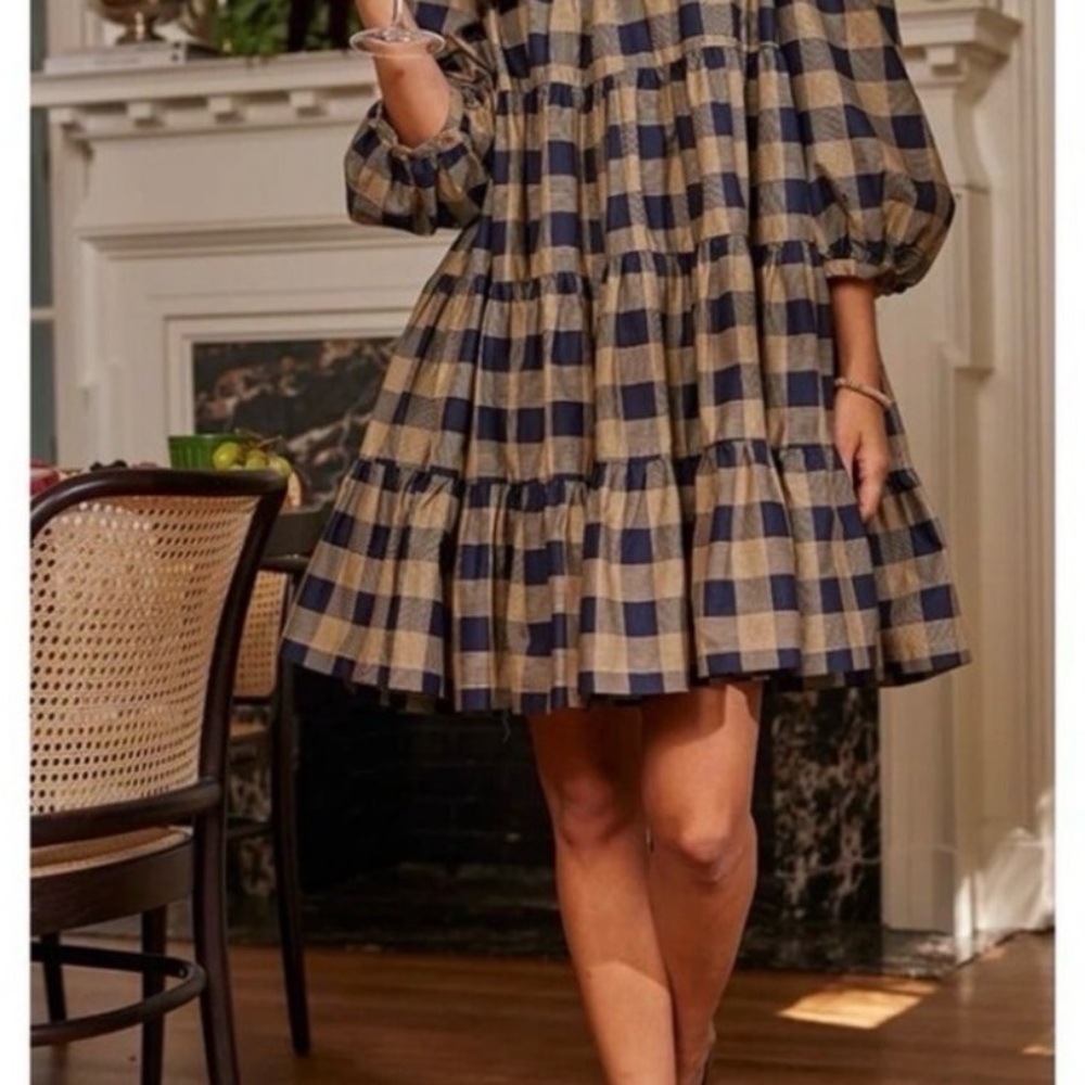 Summersalt Navy and Tan Checkered Midi Dress